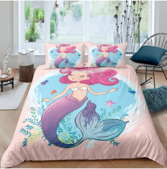 KTX-889299 Rainbow Mermaid Cartoon Duvet Cover Set – Digital Printed Polyester Bedding, Multiple Sizes Available