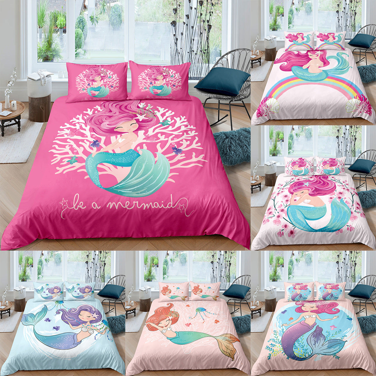 KTX-889299 Rainbow Mermaid Cartoon Duvet Cover Set – Digital Printed Polyester Bedding, Multiple Sizes Available