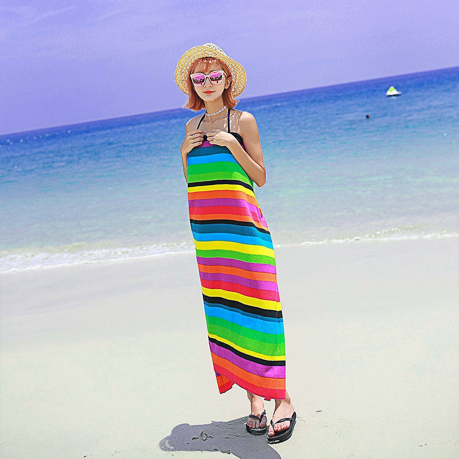 KTX-890707 Extra Large Microfiber Lightweight Beach Towel - Quick Dry Multicolor Rainbow Design, 150x70cm