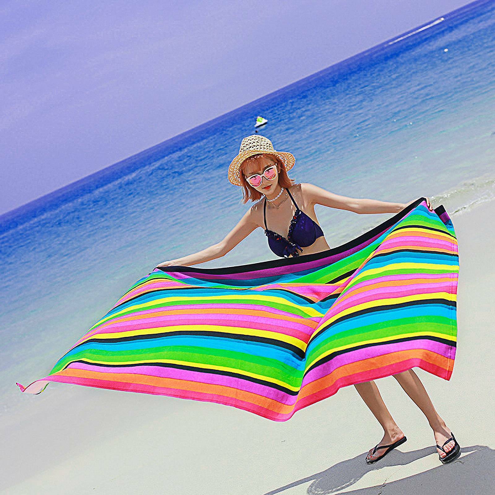 KTX-890707 Extra Large Microfiber Lightweight Beach Towel - Quick Dry Multicolor Rainbow Design, 150x70cm