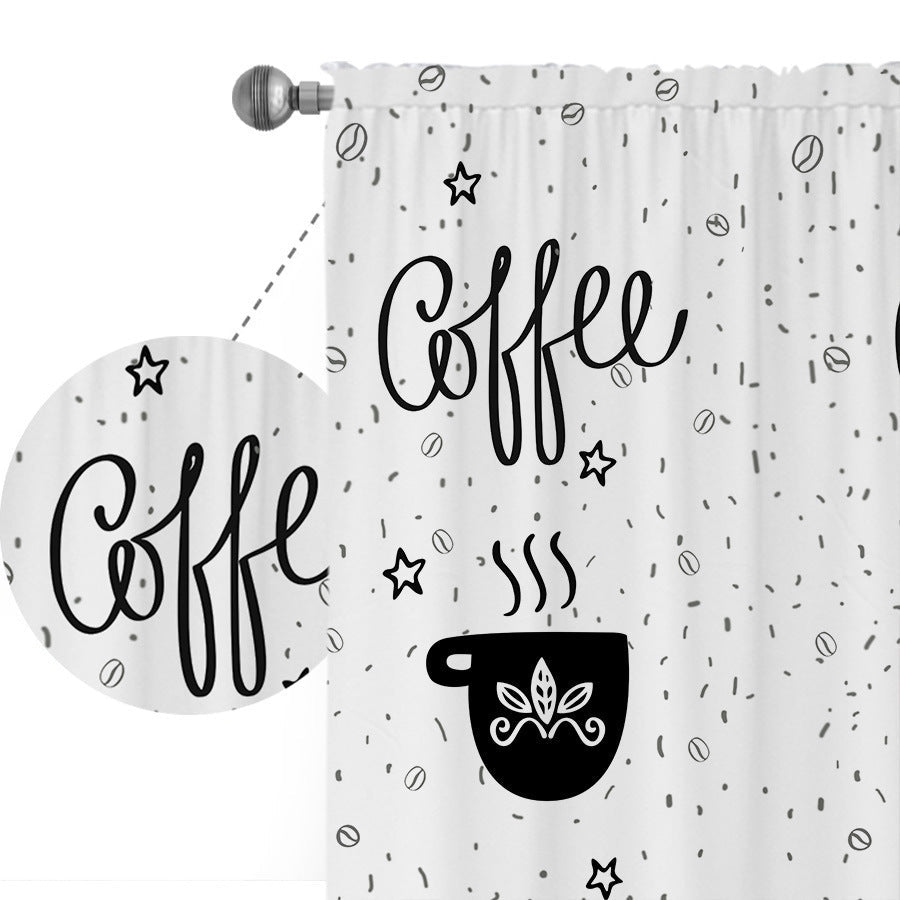 KTX-891987 Black and White Cartoon Coffee Painting Digital Print Curtain Set - Available in Various Sizes