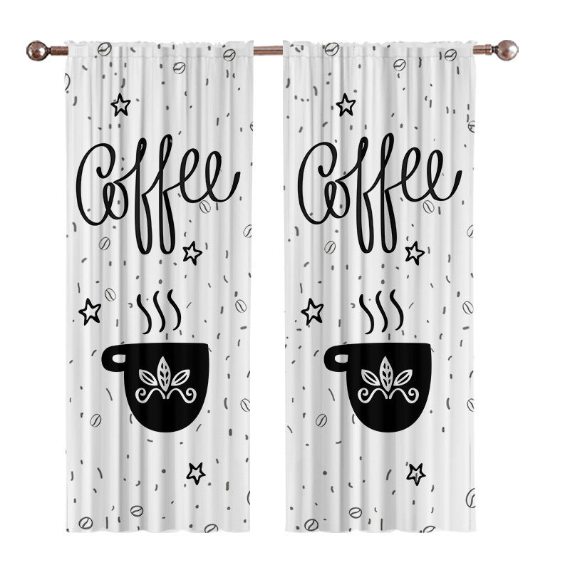 KTX-891987 Black and White Cartoon Coffee Painting Digital Print Curtain Set - Available in Various Sizes