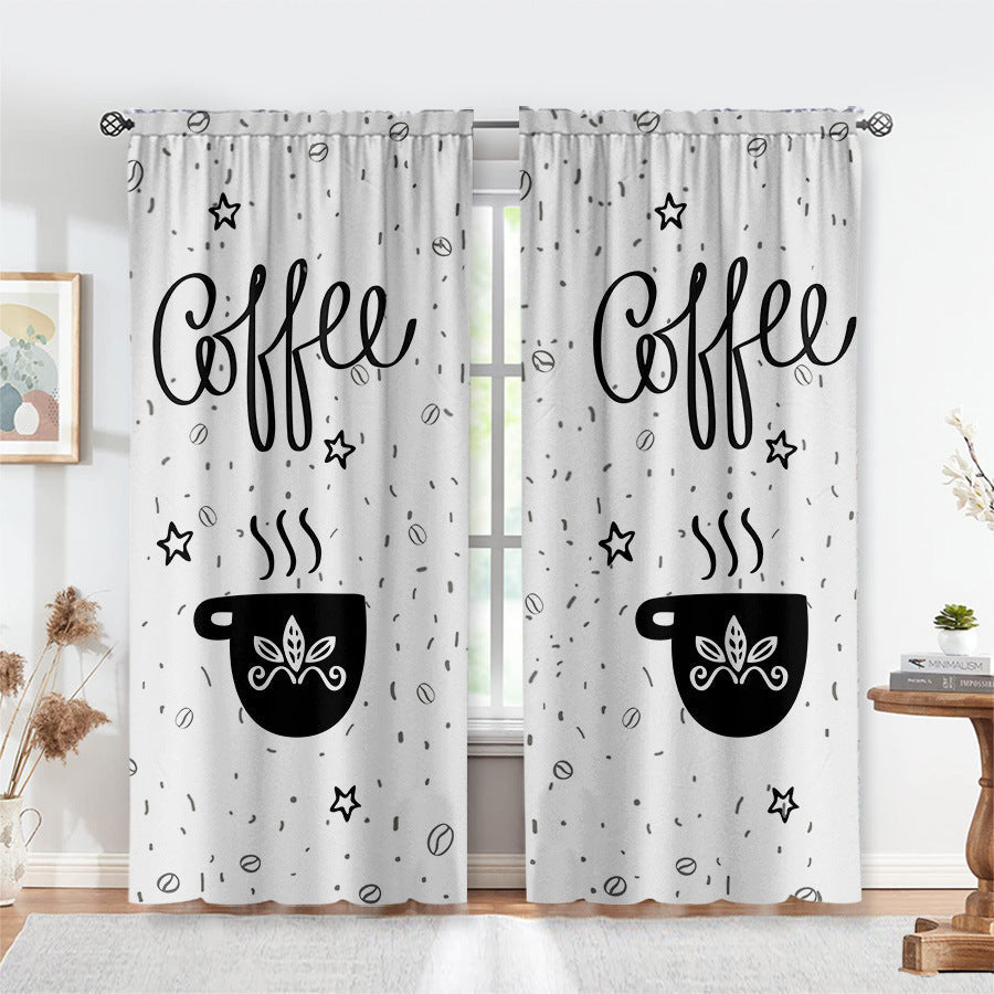KTX-891987 Black and White Cartoon Coffee Painting Digital Print Curtain Set - Available in Various Sizes