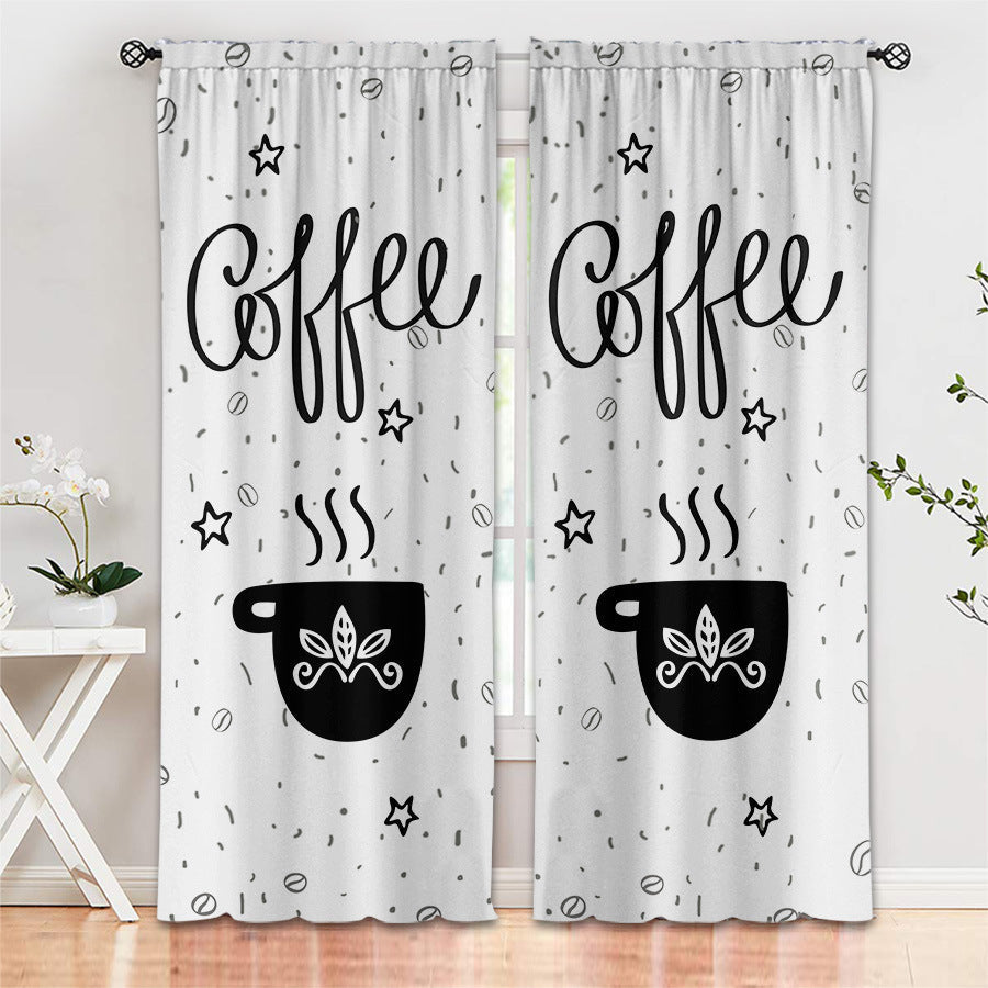 KTX-891987 Black and White Cartoon Coffee Painting Digital Print Curtain Set - Available in Various Sizes