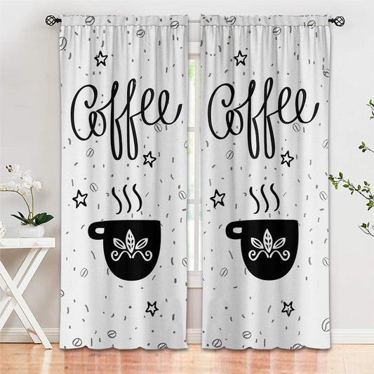 KTX-891987 Black and White Cartoon Coffee Painting Digital Print Curtain Set - Available in Various Sizes