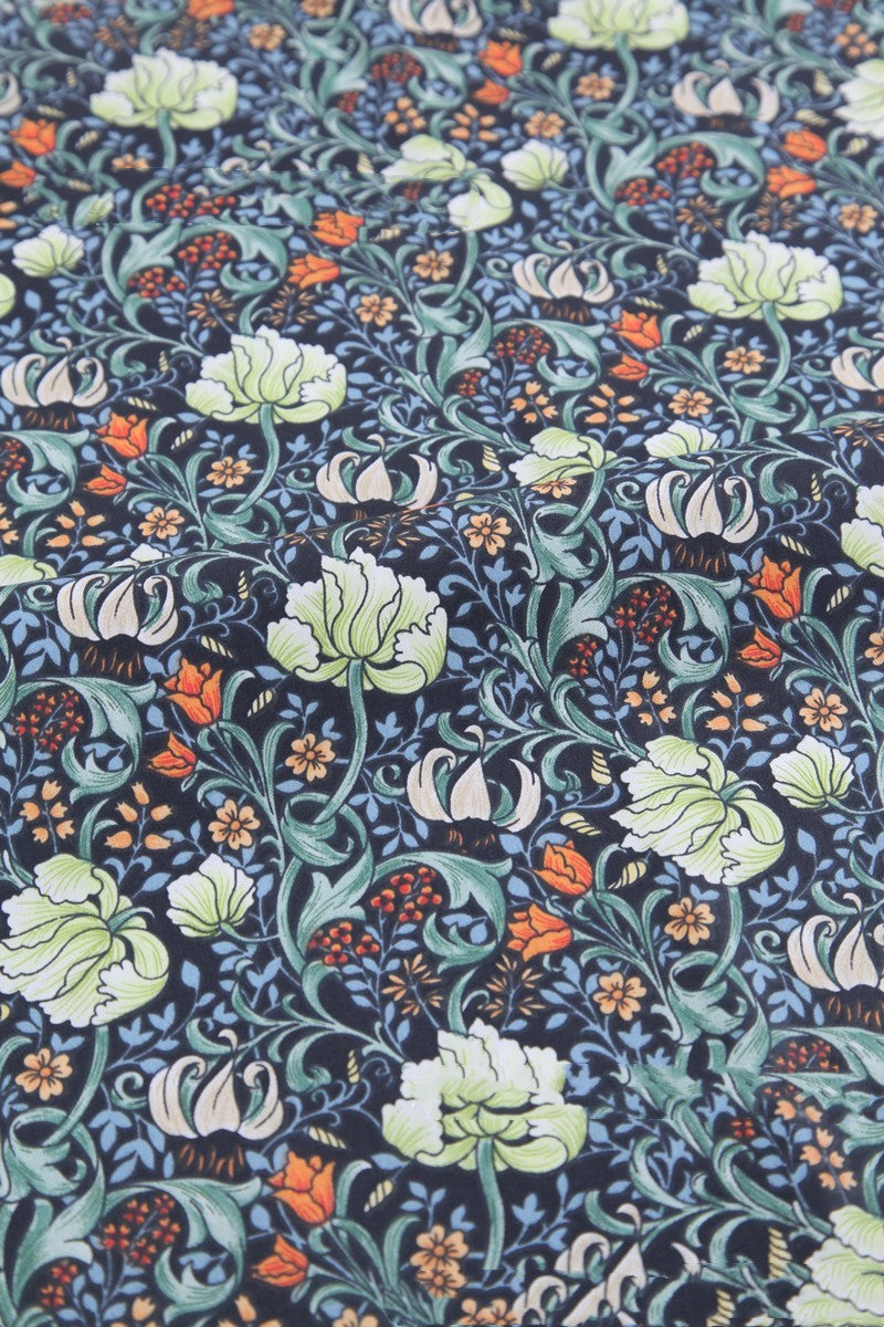 KTX-892115 Deep Blue Series Botanical Print 100% Cotton Twill Fabric - Bird Forest Design