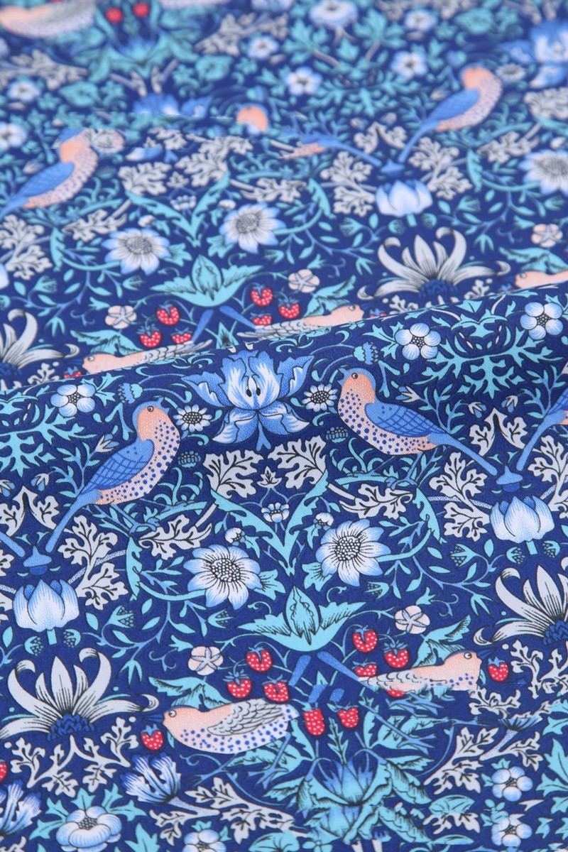 KTX-892115 Deep Blue Series Botanical Print 100% Cotton Twill Fabric - Bird Forest Design