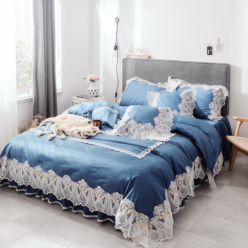 KTX-892435 Cotton Four Piece Princess Style Bed Set in White, Blue, Pink, and Green