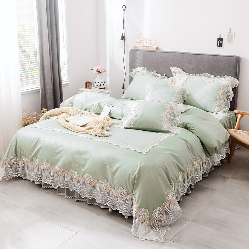 KTX-892435 Cotton Four Piece Princess Style Bed Set in White, Blue, Pink, and Green