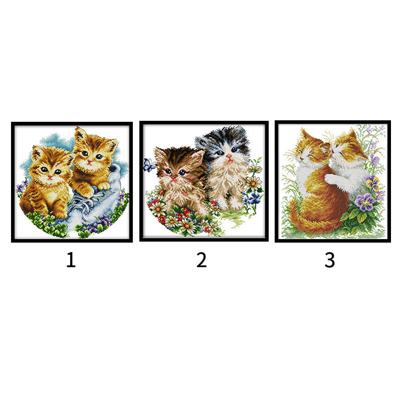 KTX-893267 Cartoon Couple Cat Cross Stitch Kit in Ecological Cotton, 11CT/14CT可选, Animal Pattern