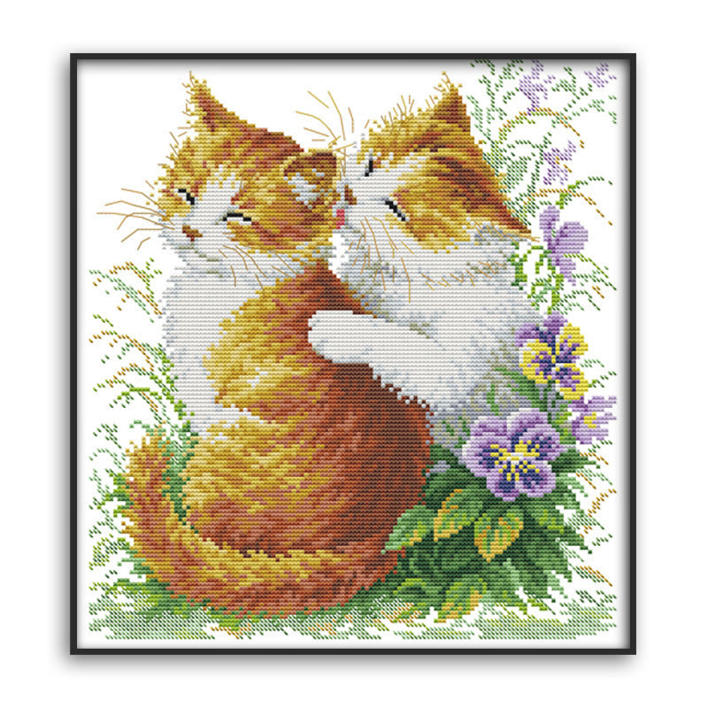KTX-893267 Cartoon Couple Cat Cross Stitch Kit in Ecological Cotton, 11CT/14CT可选, Animal Pattern