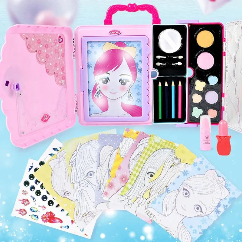KTX-893267 Pretend Play Makeup Set for Girls - Non-Toxic Cosmetic Toys with Drawing Board and Storage Box