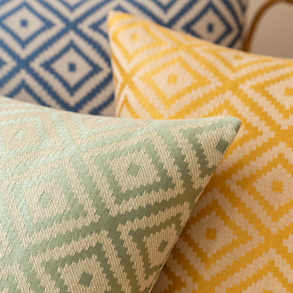 KTX-893395 Nordic Geometric Pattern Jacquard Pillow Cover – Double-sided Woven, Cyan Blue Yellow, 30x50cm & 45x45cm