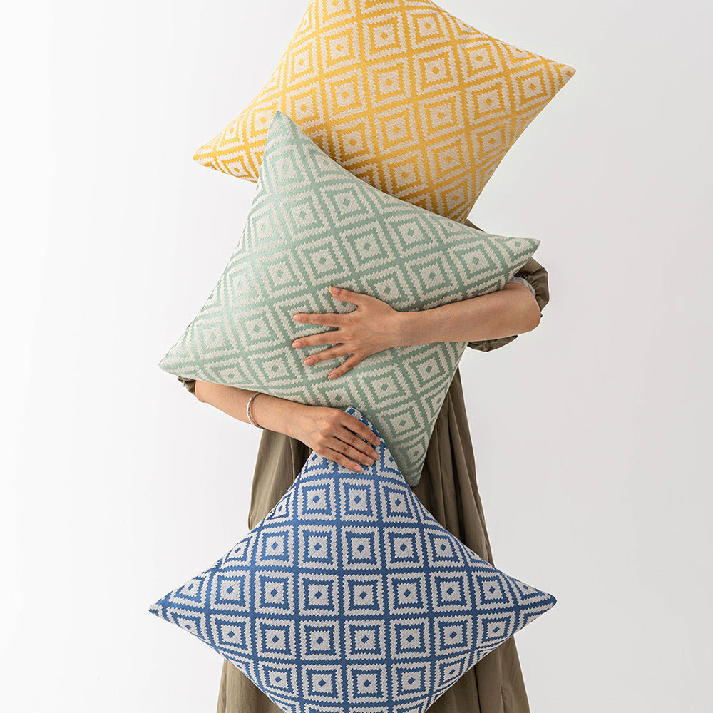 KTX-893395 Nordic Geometric Pattern Jacquard Pillow Cover – Double-sided Woven, Cyan Blue Yellow, 30x50cm & 45x45cm