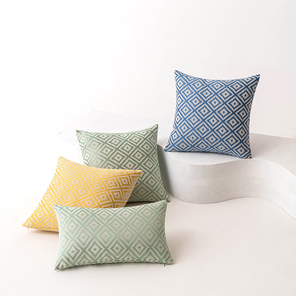 KTX-893395 Nordic Geometric Pattern Jacquard Pillow Cover – Double-sided Woven, Cyan Blue Yellow, 30x50cm & 45x45cm