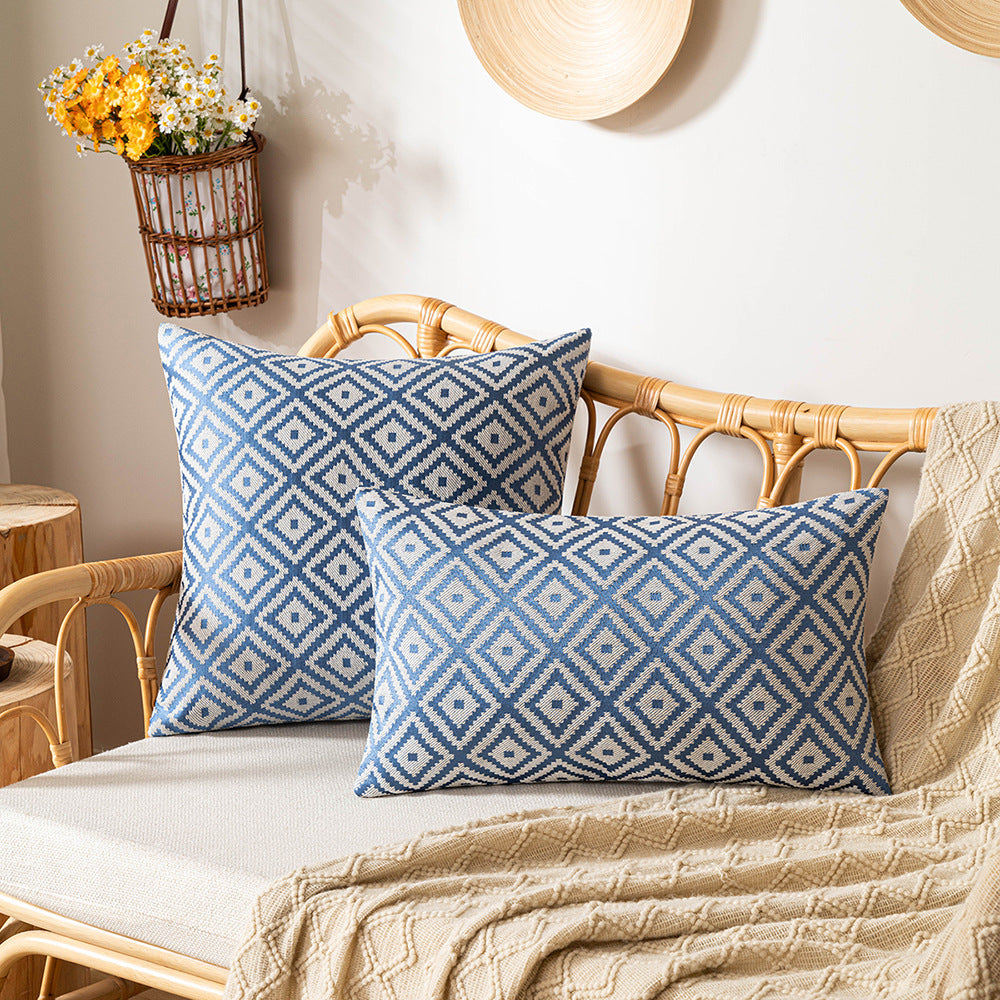 KTX-893395 Nordic Geometric Pattern Jacquard Pillow Cover – Double-sided Woven, Cyan Blue Yellow, 30x50cm & 45x45cm