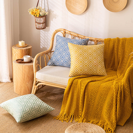 KTX-893395 Nordic Geometric Pattern Jacquard Pillow Cover – Double-sided Woven, Cyan Blue Yellow, 30x50cm & 45x45cm