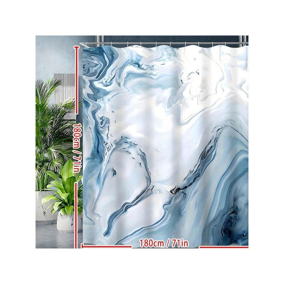 KTX-894291 Blue Marble Modern Shower Curtain with Coordinating Bath Mat and Floor Cover Set, 180x180 cm