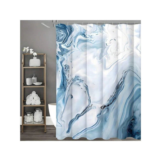 KTX-894291 Blue Marble Modern Shower Curtain with Coordinating Bath Mat and Floor Cover Set, 180x180 cm