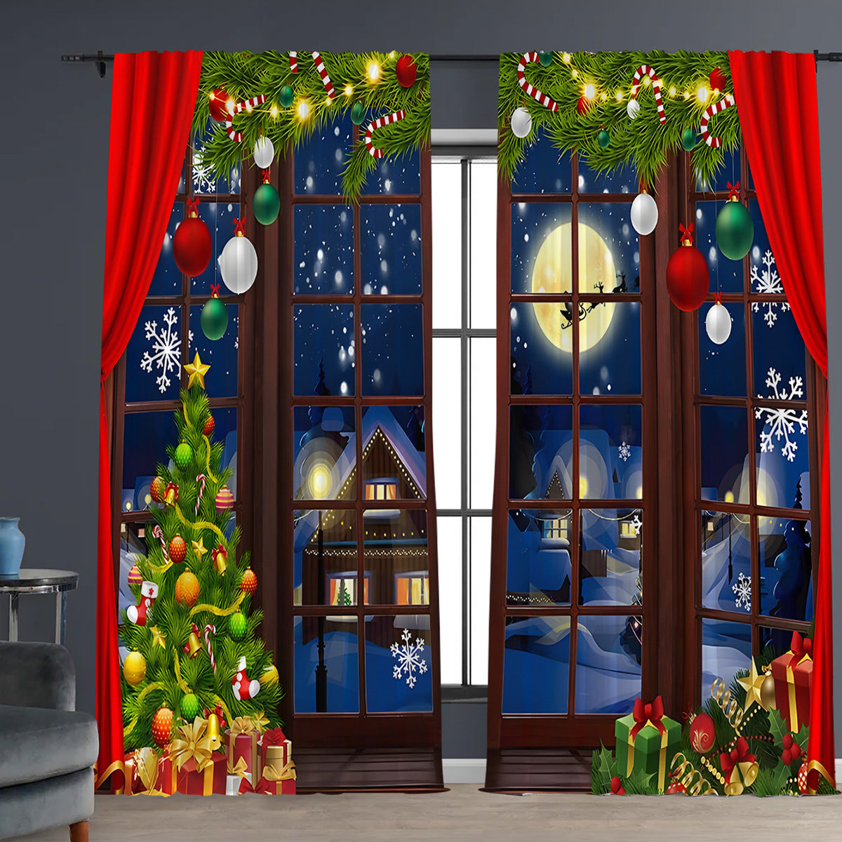 KTX-895443 Digital Printed Christmas Curtains - High Shading, Polyester, Multiple Designs and Sizes Available