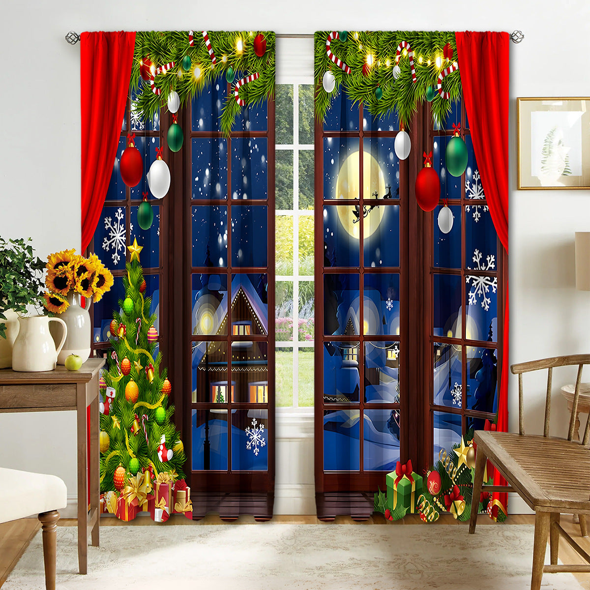 KTX-895443 Digital Printed Christmas Curtains - High Shading, Polyester, Multiple Designs and Sizes Available