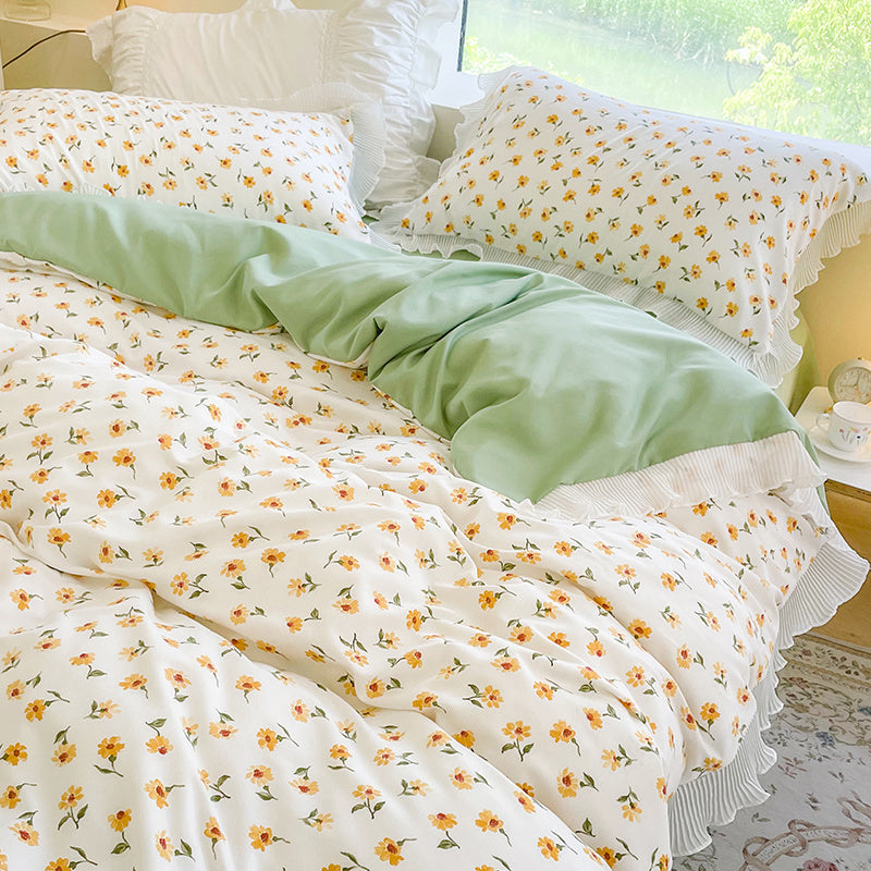 KTX-895891 Washed Cotton Floral Quilt Cover Set - 4-Piece Bed Sheet Set in Various Colors