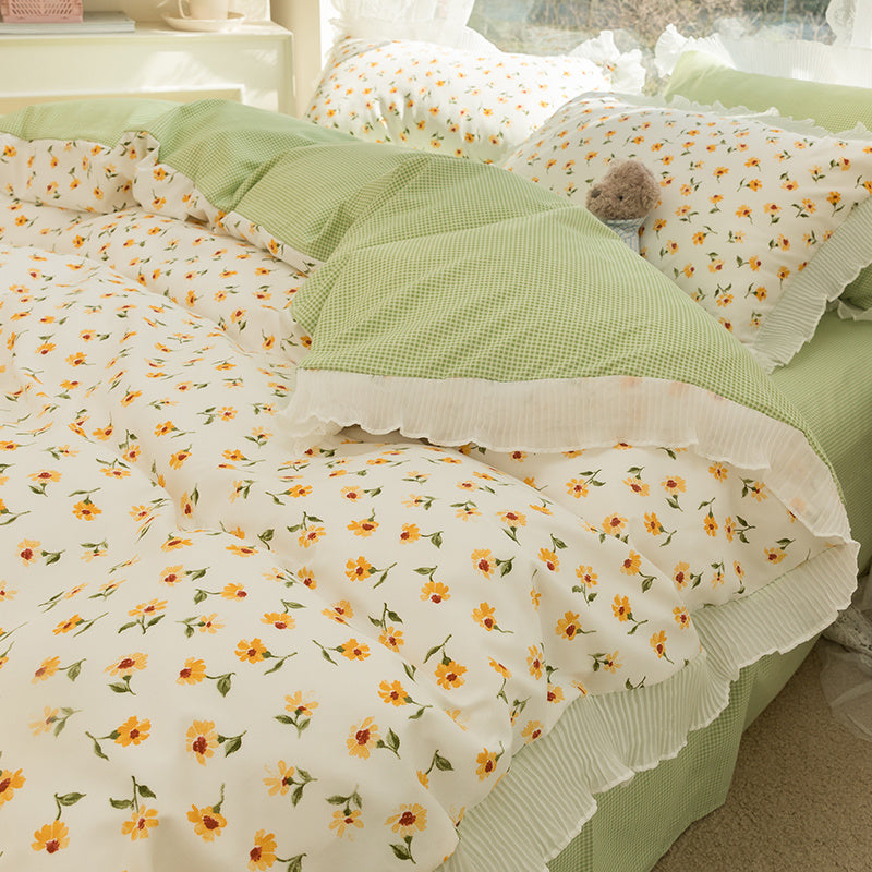 KTX-895891 Washed Cotton Floral Quilt Cover Set - 4-Piece Bed Sheet Set in Various Colors