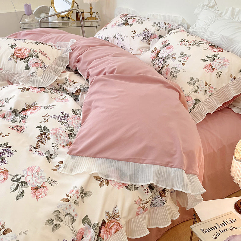 KTX-895891 Washed Cotton Floral Quilt Cover Set - 4-Piece Bed Sheet Set in Various Colors