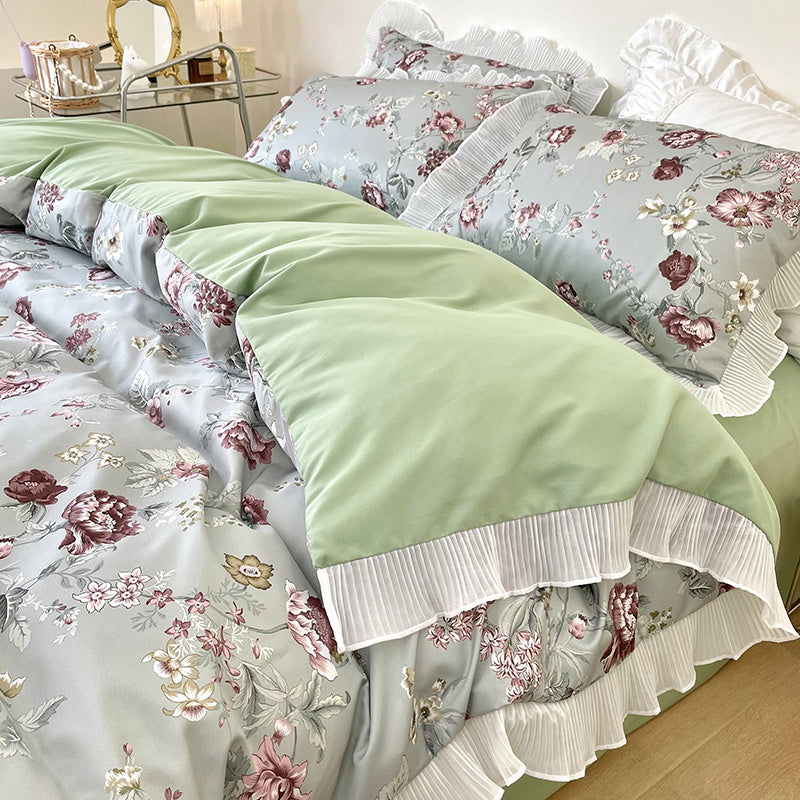 KTX-895891 Washed Cotton Floral Quilt Cover Set - 4-Piece Bed Sheet Set in Various Colors