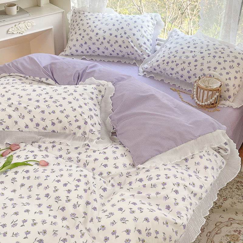 KTX-895891 Washed Cotton Floral Quilt Cover Set - 4-Piece Bed Sheet Set in Various Colors