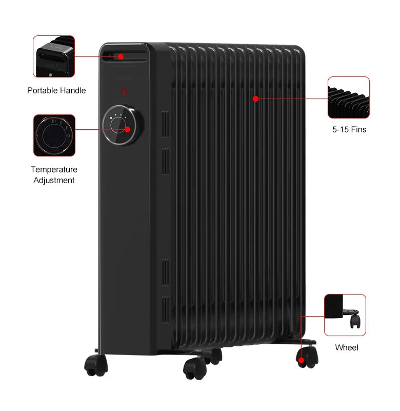 KTX-897811 Oil-Filled Radiator Heater with Adjustable Thermostat and Safety Features, 1500W to 2500W, 7-15 Fins