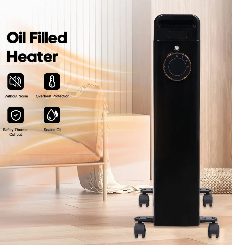 KTX-897811 Oil-Filled Radiator Heater with Adjustable Thermostat and Safety Features, 1500W to 2500W, 7-15 Fins