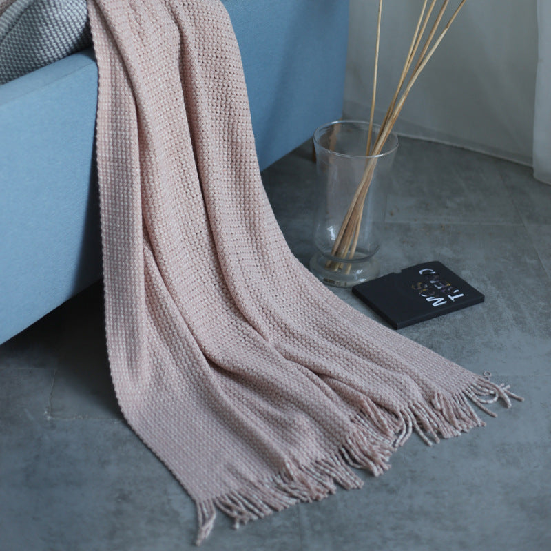KTX-899027 Solid Color Knitted Fringed Wool Blanket for Sofa - 120x240cm, Available in Pink, Light Gray, Light Blue, Yellow, and Black