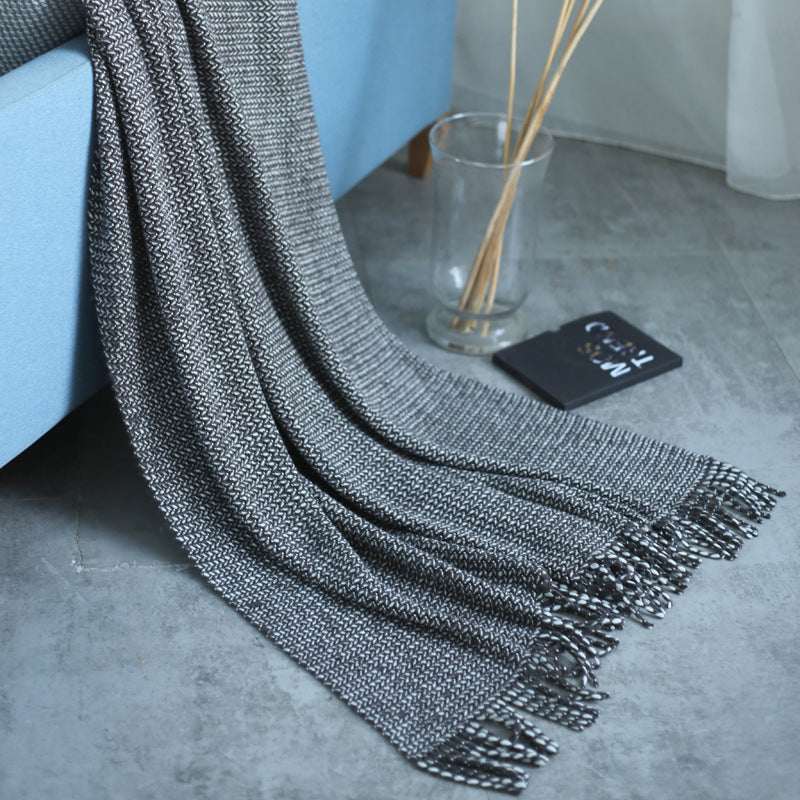 KTX-899027 Solid Color Knitted Fringed Wool Blanket for Sofa - 120x240cm, Available in Pink, Light Gray, Light Blue, Yellow, and Black