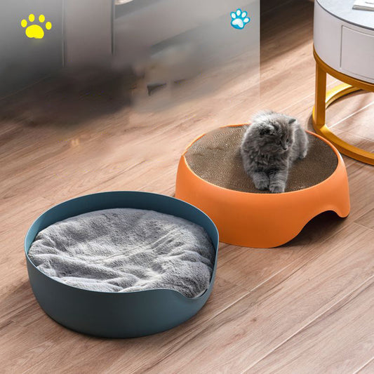 KTX-899475 All-Season Cat Nest and Scratching Bowl with Thick Plush Mat for Dual Use