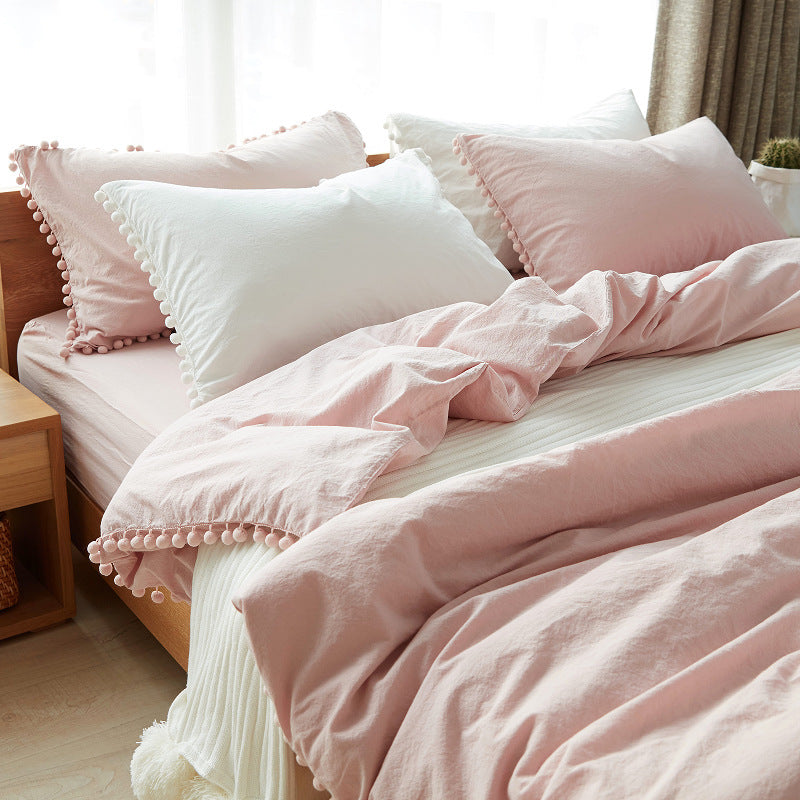 KTX-899667 Japanese-style Cotton Home Textile Bedding Set with Plain Design and Tassel Detail, Available for Various Bed Sizes