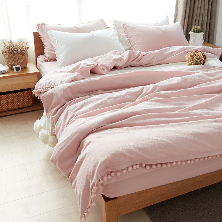 KTX-899667 Japanese-style Cotton Home Textile Bedding Set with Plain Design and Tassel Detail, Available for Various Bed Sizes