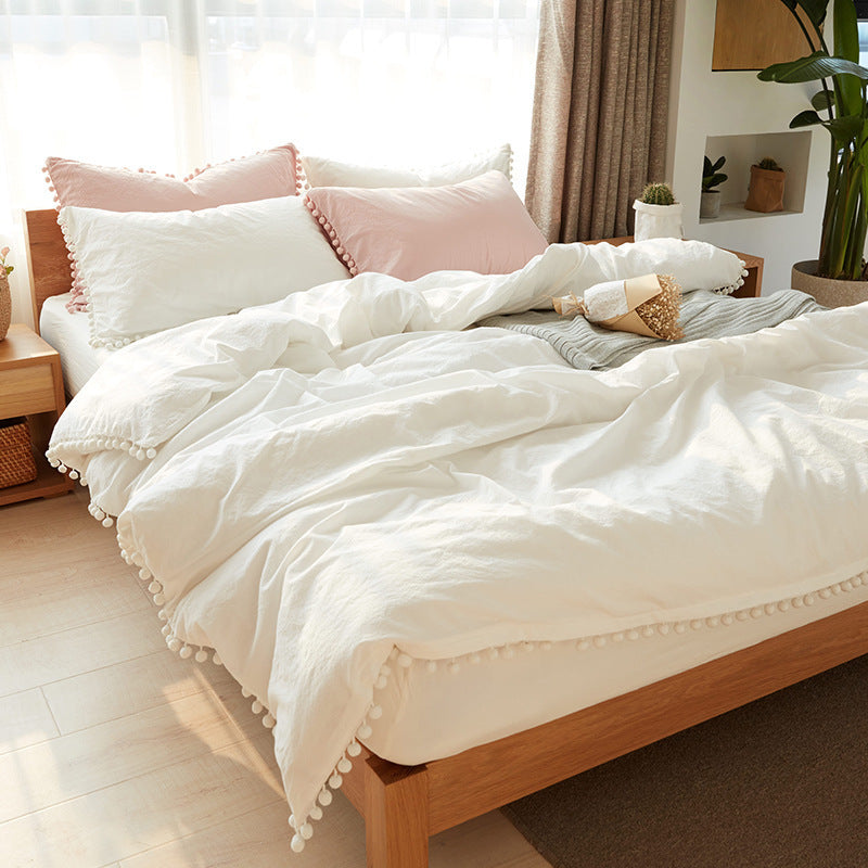 KTX-899667 Japanese-style Cotton Home Textile Bedding Set with Plain Design and Tassel Detail, Available for Various Bed Sizes
