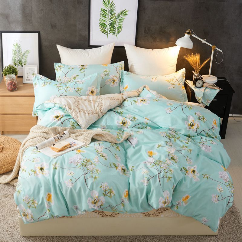 KTX-900115 Urban Plant and Flower Print Quilted Bedding Set - 4 Pieces in Polyester Fiber