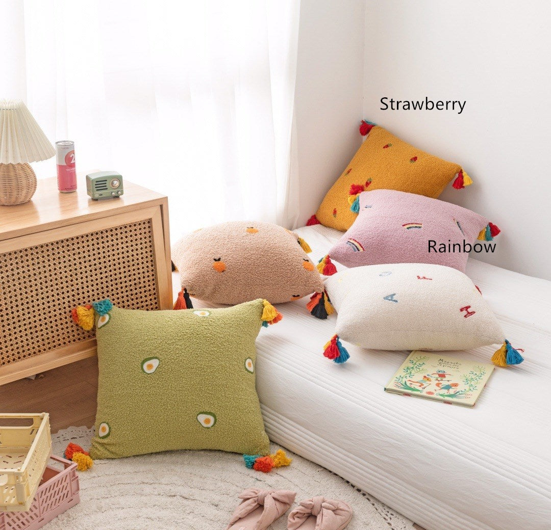KTX-901395 Teddy Velvet Embroidered Soft Pillow with Tassels, 45x45cm, Multiple Color Options