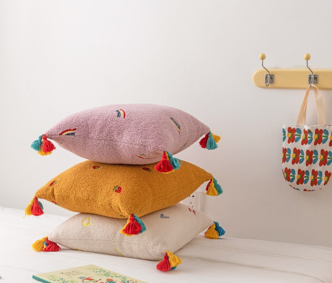 KTX-901395 Teddy Velvet Embroidered Soft Pillow with Tassels, 45x45cm, Multiple Color Options