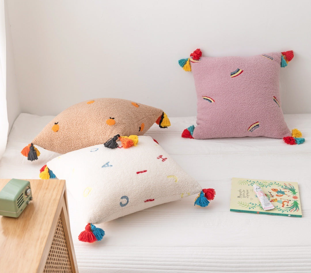 KTX-901395 Teddy Velvet Embroidered Soft Pillow with Tassels, 45x45cm, Multiple Color Options