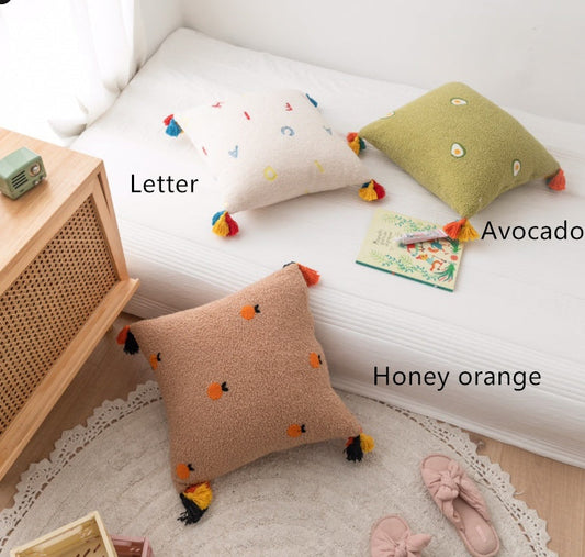 KTX-901395 Teddy Velvet Embroidered Soft Pillow with Tassels, 45x45cm, Multiple Color Options