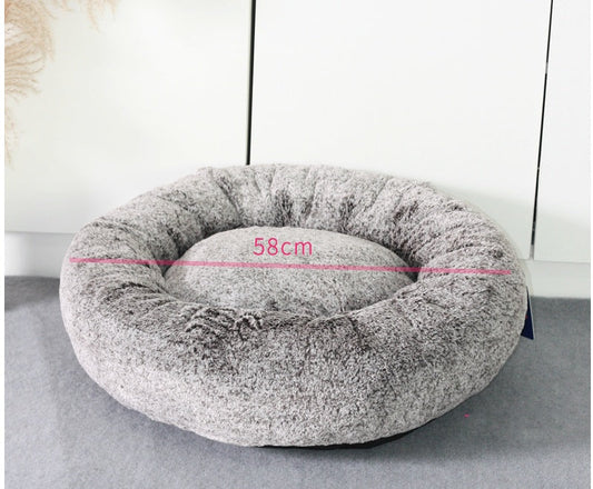 KTX-901779 Cozy Round Cat Bed for Deep Winter Sleep, Soft Grey, 58x58x18cm