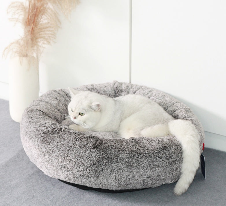 KTX-901779 Cozy Round Cat Bed for Deep Winter Sleep, Soft Grey, 58x58x18cm