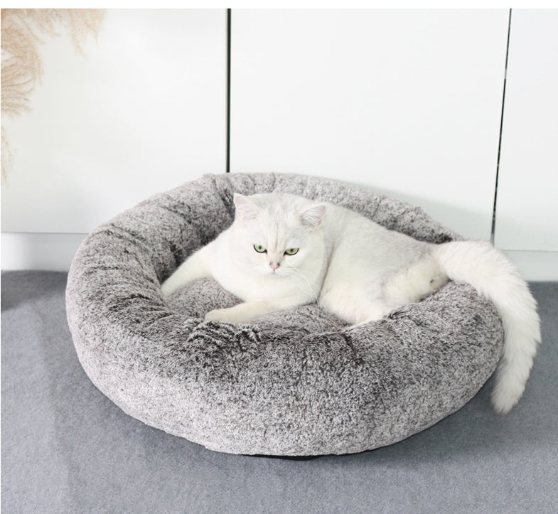 KTX-901779 Cozy Round Cat Bed for Deep Winter Sleep, Soft Grey, 58x58x18cm
