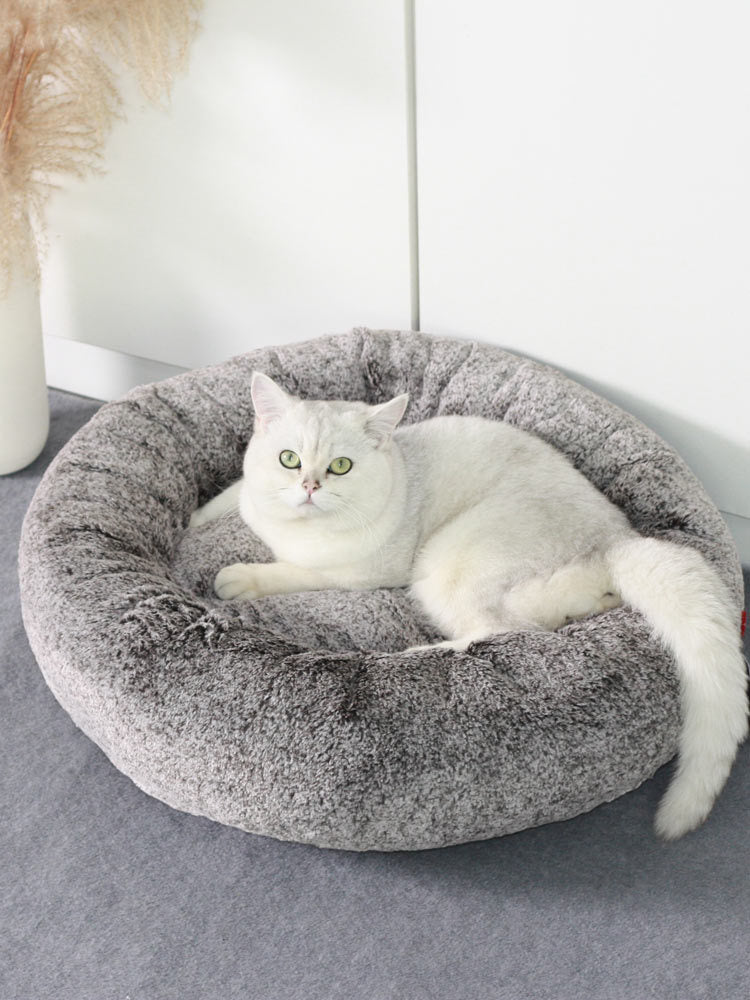 KTX-901779 Cozy Round Cat Bed for Deep Winter Sleep, Soft Grey, 58x58x18cm