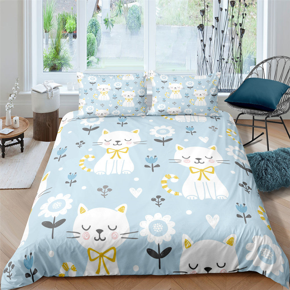 KTX-902803 Plaid Bear 3-Piece Quilt Cover and Sheet Set in Floral Design