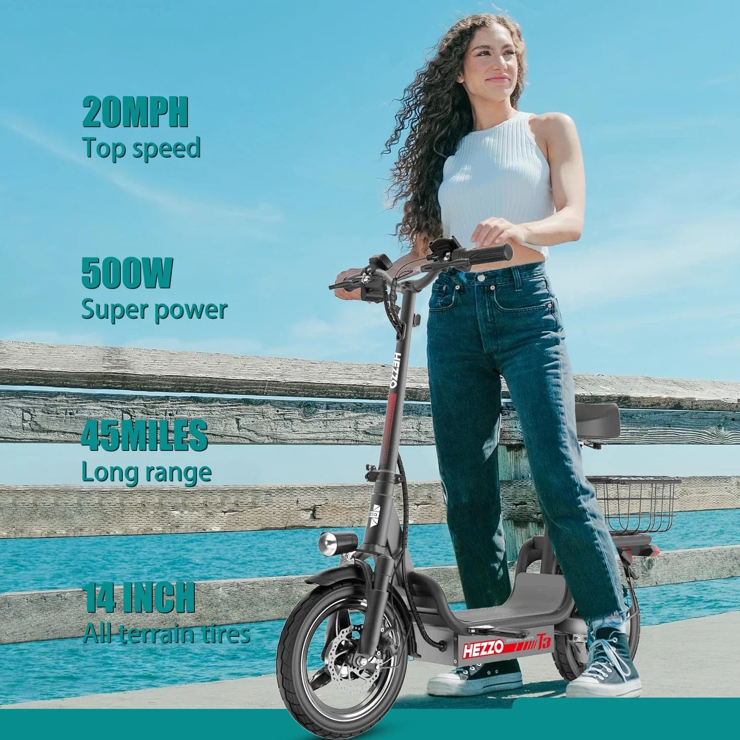 KTX-902995 Electric Scooter with Seat, 48V 500W Off-Road, 14-Inch Tires, 15Ah Battery, Foldable, Max Range 45KM, Lightweight and Waterproof