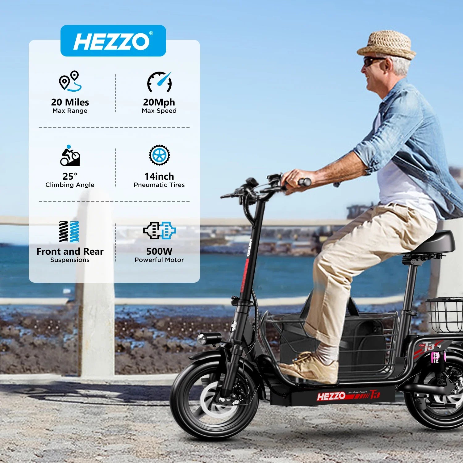 KTX-902995 Electric Scooter with Seat, 48V 500W Off-Road, 14-Inch Tires, 15Ah Battery, Foldable, Max Range 45KM, Lightweight and Waterproof